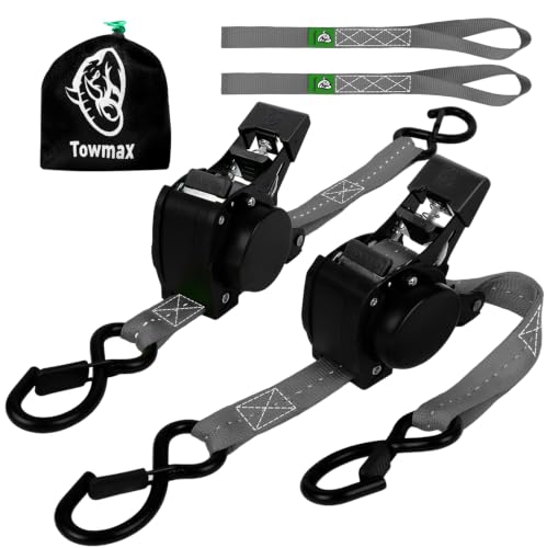Retractable Ratchet Straps (Patented-2pack) - 1 inch x 10Feet (1,800lb Break Strength) Auto Self Retracting Tie Down Straps - Self Retractable Straps with Refletcive for Motorcyle, Truck or Cargo - color: Grey, size: 2-Pack