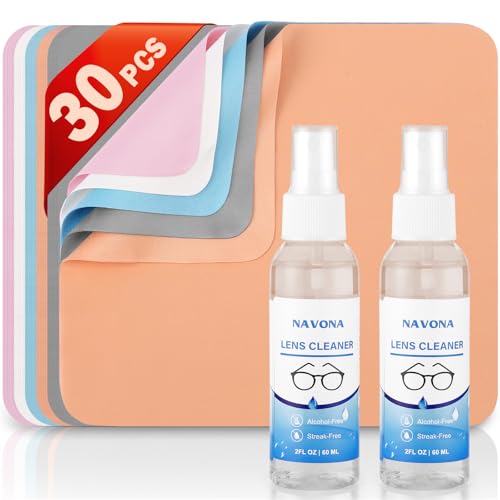 Navona 30 Pack Microfiber Glasses Cleaning Cloths with 2 Lens Cleaner Sprays, Premium Eyeglass Cleaning Cloths for Glasses, Sunglasses, Camera Lens & Screens – Streak-Free, Safe for Electronics
