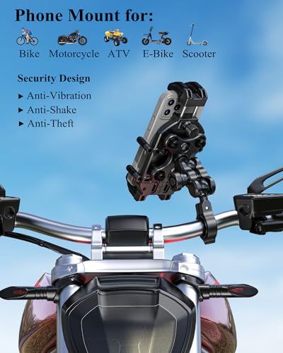 BRCOVAN Anti-Theft Motorcycle Phone Mount Holder with Vibration Dampener | with Secure Lock, Adjustable Handlebar Cellphone Clip for Bike Scooter ATV, Fit 5.4-7.2'' Smartphone, Big Phone Friendly