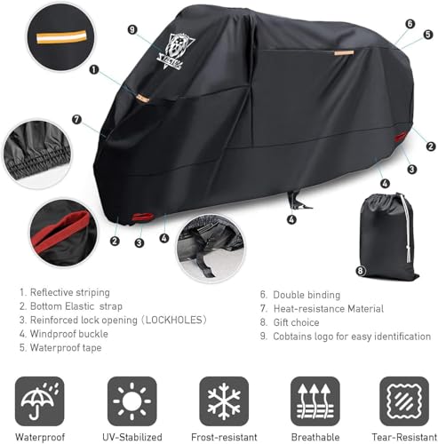 XYZCTEM Motorcycle Cover -Waterproof Outdoor Storage Bag, Made of Oxford Material, Fits up to 116" Harley Davison and All Motors (Black& Lockholes& Professional Windproof Strap) - size: 116"