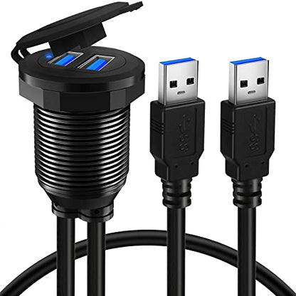 Alloy Dual Port USB 3.0 Car Dashboard Flush Mount Cable, Male to Female with LED Indicator Extension Cable for Car Truck Boat Motorcycle Dashboard Panel 1ft - style: Dual Port 1ft