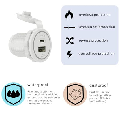 RV USB C Socket Input 12V/24V Fast CHERGER Waterproof with Cap Type C USB Car Charger Socket for Car, Boat, Golf Cart, Bus, RV, Golf, Automotive Marine ATV Truck
