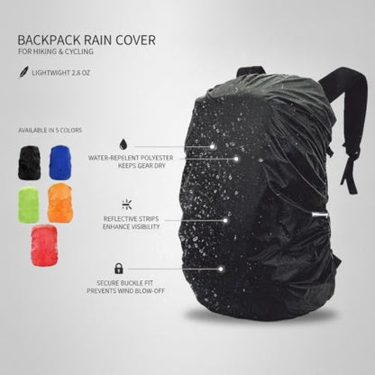 Backpack Rain Cover with Reflective Strips, Polyester Pack Cover for Hiking and Cycling, Black (1 PC)