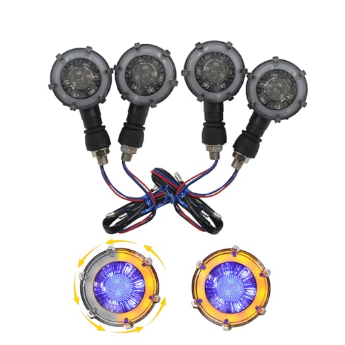 4Pcs Universal 10mm Motorcycle Turn Signal 3-Wires 18LED Blue/Amber Sequential Flowing Indicators with DRL Switchback Glow Fits Harley/Honda/Kawasaki, Street/Cruiser/Dirt Bike