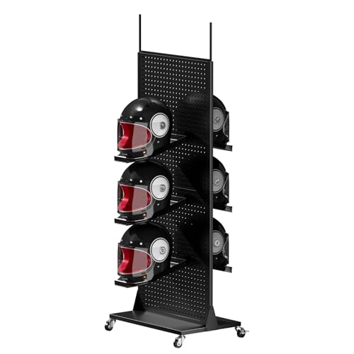 Motorcycle Helmet Holder Pegboard Display Stand-Helmet Hanger Wall Mount Double Sided Garage Pegboard Organizer with 30 Hooks for Motorcycle Bike,Football,Bicycle Helmet,Hat,Cap(with 6PCS Helmet Rack) - size: Pegboard Shelf + 9*Helmet Holder