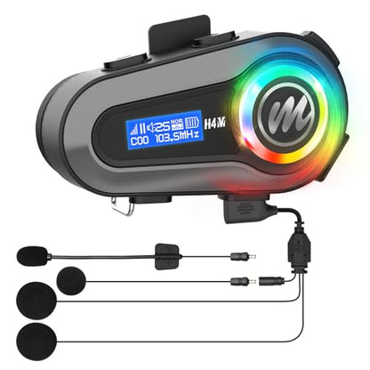 Moman Motorcycle Helmet Headsets Speaker, Hands‑Free Hi-Fi Speakers Dual Noise Cancellation with Loud Sound, Voice Assistant IPX6 Waterproof with RGB FM Radio for All Helmets and Solo Riding (H4M) - style: H4M