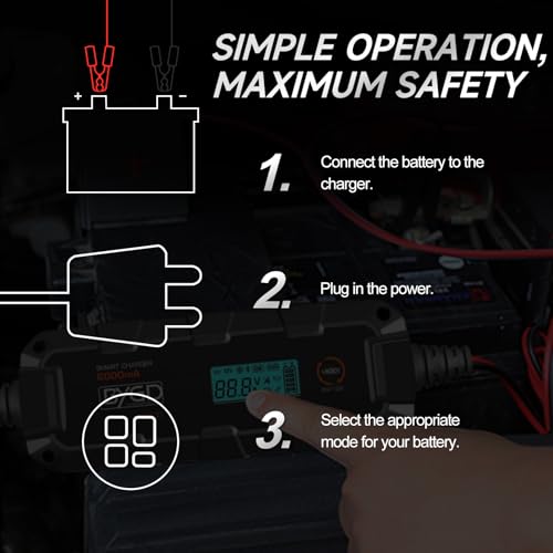 Safety Battery Charger - 6V/12V Car Battery Tender & Maintainer with Recondition Mode and Six-Fold Safety Protection, for Lead-Acid & Lithium Batteries