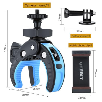 UTEBIT Camera Clamp Mount, Large Clamp Opening Aluminum Alloy Clip Mount, 360° Rotation Shockproof & Anti-Slip Action Camera Clamp with 3/8" to 1/4" Reducer Nut for DSLRs Smartphones Black/Blue - color: Black + Blue