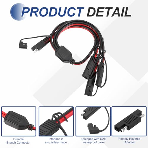 MECCANIXITY SAE Y Splitter Cable, 10AWG Extension Cord Splitter 1 to 3 SAE Connector Extension Cable 1.8 ft with Waterproof Caps & Polarity Reverse Adapter for Solar Panel Battery Charger - size: 10AWG, 1.8 ft