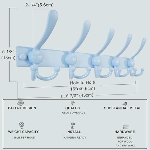 Dseap Coat Rack Wall Mount, Heavy Duty 12-Gauge Base vs Flimsy 1mm, Double-Thick Solid Anti-Snap Hooks, 16” Stud-Mount, Stainless Steel Hanger for Clothes Hat Entryway Closet, Blue, Pack of 2 - color: Blue, size: L=17" (2pcs)
