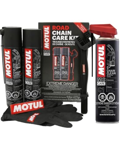 Motul Motorcycle Chain Care Bundle – C1 Chain Cleaner (2-Pack) + C2 Chain Lube Kit w/Brush & Gloves – Complete Road Motorcycle Maintenance Kit