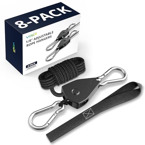 VIPARSPECTRA Retractable Heavy Duty Ratchet Tie Down Straps [8 Pack, 8ft, 75lbs/Pack], Rope Pulley System with Carabiner Hook Rope Adjuster for Hanging Plants/Grow Light/Tents Various Tie-Down Uses - size: 1/8" 8-Pack
