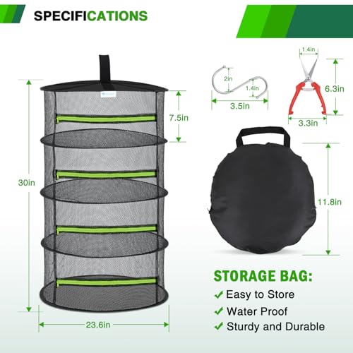 Yesker 4 Layer Herb Drying Rack Hanging Mesh Net Foldable Plant Drying Racks 24" w Green Zipper Pruning Shears Hook Dryer Hanging Rack for Herbs Seed Bud Fruit Clothes Grow Tent Closets Garden Outdoor - size: 4 Layers Fluorescent Green & Black
