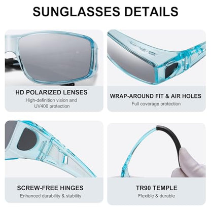Wzerry Sunglasses Fit Over Glasses Polarized for Men Women, Wrap-Around Glasses UV400 Protection for Driving and Outdoor - color: Black/Grey + Transparent Blue/Grey + Transparent Blue/Silver