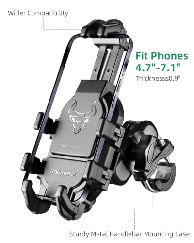 ROCKBROS Aluminum Motorcycle Bike Phone Mount with Vibration Dampener for 4.7''-7.1'' Phones, Universal Handlebar Compatible with iPhone 16/15/14/13 Pro Max