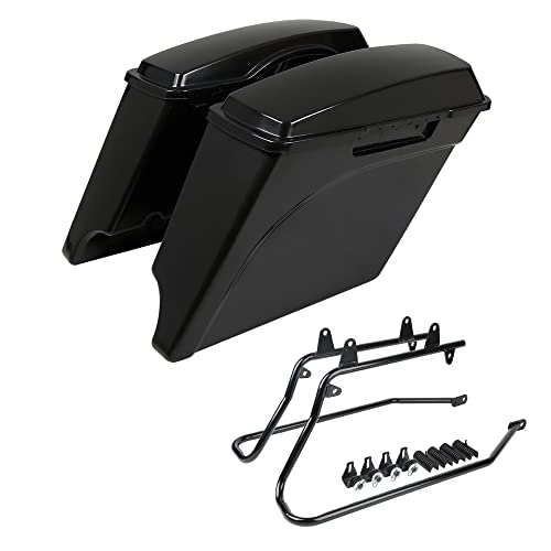 SLMOTO Saddle Bags, 5" Stretched Saddlebag W/Lid & Conversion Bracket Fit For Harley Heritage Softail Classic FLSTC Deluxe Springer FLSTS EFI 1986-2017 Black - color: Black
