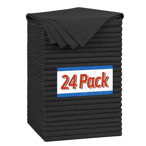 FIXSMITH Microfiber Cleaning Cloth, Shop Towels Bulk, 24 Pack Black Microfiber Towels for Cars, All-Purpose Absorbent Cleaning Rags, Dust Cloth for Automotive, Mechanic, Garage, Bar, 12 x 11 inch - color: Black, size: 24PK