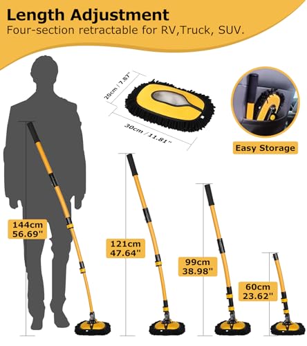 anngrowy 56.7" Car Wash Brush Mop Kit Mitt Sponge with Long Handle Car Cleaning Supplies Kit Tools Car Washing Duster Exterior Scratch Free, Chenille Replacement Head Extension Pole - color: Black