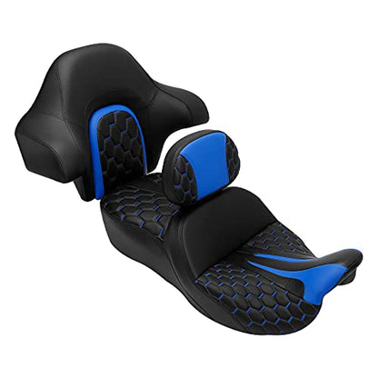 C.C. RIDER Motorcycle Hammock Seat+ Rider Backrest+ King/Chopped Trunk Backrest Pad Fit for Harley 2014-2023 Touring Road King FLHR Street Glide FLHX Road Glide FLTRX Electra Glide FLHT - color: 23# Blue (Seat+ 2 Backrests)