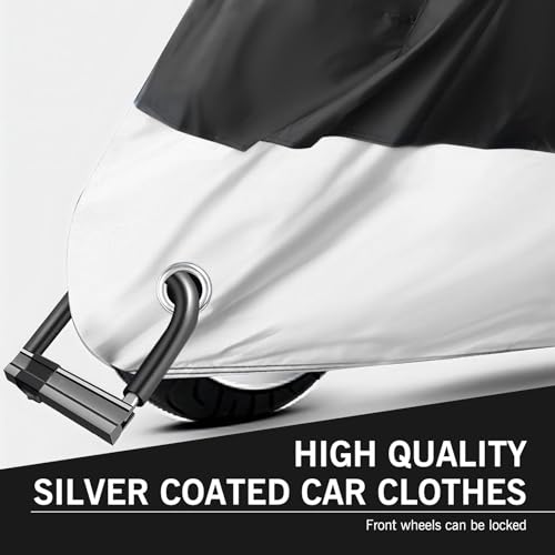 1 PC 190 T Car Cover, 104.33" x 49.21" x 41.33" Indoor and Outdoor Rain Cover with Wind Buckle, Motorcycle Body Dust Cover with Locking Hole, Universal for Most Motorcycles (Black & Silver)