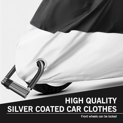 1 PC 190 T Car Cover, 104.33" x 49.21" x 41.33" Indoor and Outdoor Rain Cover with Wind Buckle, Motorcycle Body Dust Cover with Locking Hole, Universal for Most Motorcycles (Black & Silver)