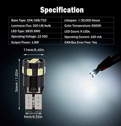 300LM Extremely Bright Canbus Error Free 194 168 2825 W5W T10 LED Bulbs 6000K Xenon White 9-SMD 2835 LED Chipsets for Dome Map Door Courtesy License Plate Lights (Pack of 4) - color: Xenon White