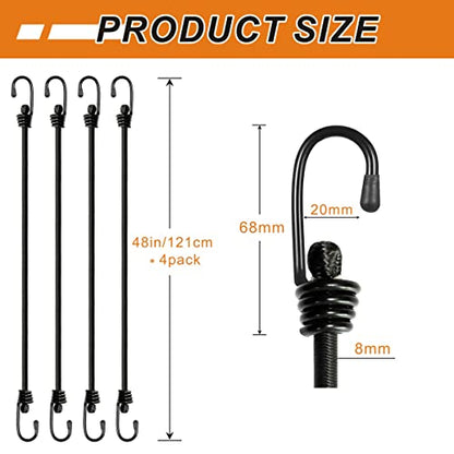 BEXSLE Bungee Cords with Hooks, Heavy Duty Outdoor Elastic Bungee Straps，No Odour Industrial Grade Bungee Rope for Securing Tarps, Luggage, Tents, Bikes or Garden Tidying 48inch 4Pcs (Black) - size: 48 inches x 4 pcs