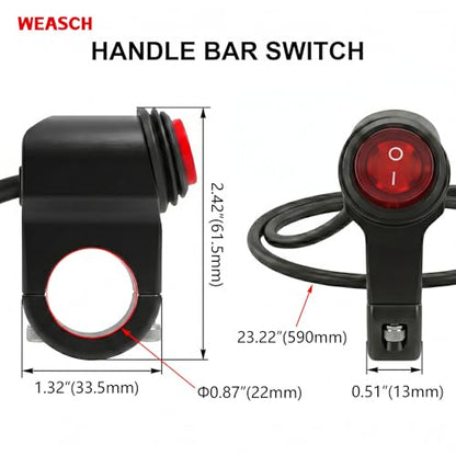 Universal 7/8" 22mm Motorcycle Handlebar Switch, 12V Waterproof Handle Bar ON Off Toggle Switch with Red LED Indicator Light for Motorcycle ATV Dirt Bike Scooter Marine Fog Light