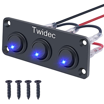 Twidec/3 Gang Rocker Toggle Switch Panel with 12V DC Round Dot Lighted 20A 3 Pins ON/Off SPST Switch Control for Car Or Boat Blue LED Light KCD2-102N-BU-XBZ - color: Blue LED-Panel