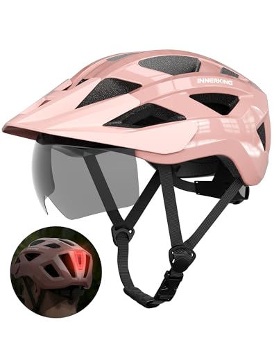 Bike Helmet for Adults, Lightweight Mountain Bicycle Helmet with USB Rechargeable Rear Light Detachable Magnetic Goggles, Road Bike Cycling Helmet with OTG Visor for Men Women - color: Pink, size: Large
