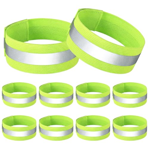 10pcs Reflective Running Armbands, High Visibility Reflective Armbands Adjustable & Bike Ankle Bands for Cycling Walking Jogging Motorcycling & Night Sports Fluorescent Green