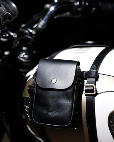 Trip Machine Company Genuine Leather Motorcycle Fuel Tank Strap – Heavy Duty Adjustable Horizontal Tank Mount Cover for Right Side Fuel Inlet Bikes (Tank Strap with Pouch, Black) - color: Black, style: Tank Strap With Pouch