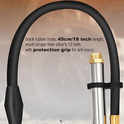 SAFELIFE Tire Inflator 10-120 PSI Tire Pressure Gauge with 18Inch Air Hose，Lock on Air Chuck, Heavy Duty 1/4'' NPT Tire Inflator Gauge Compatible with Air Pump Compressor for Car Truck Motorcycle Bike - size: 18" hose tire inflator gauge