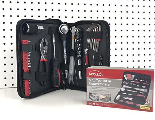 Apollo Tools 56 Piece Compact SAE Auto Tool Set in Zippered Case, Small Mechanic Tool Set for Car Emergency, Motorcycle Repair on the Road, Great for Travel Tool Needs - Red - DT9774 - style: SAE (Automotive)