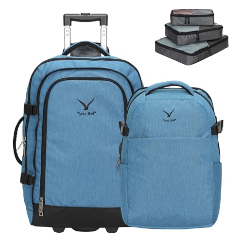 Hynes Eagle 2 in 1 Travel Backpack 22 inches Carry on Luggage 63L Rolling Backpack for Men Women with Packing Cubes 3PCS Set - color: Blue