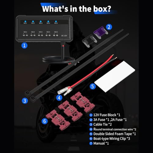 Motorcycle Fuse Box, 20A 5 Circuit Terminal Block with LED Indicator for Cars Motorcycles ATV UTV, PC Material Insulation Heatproof