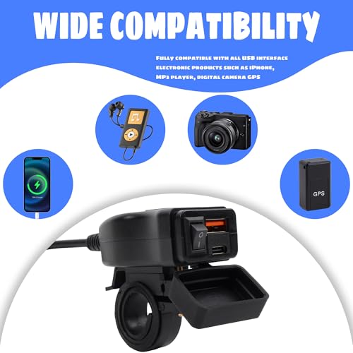Motorcycle USB Charger QC 3.0 Phone Charger Dual USB Type C Voltmeter Switch Compatible with Phone Tablet Black