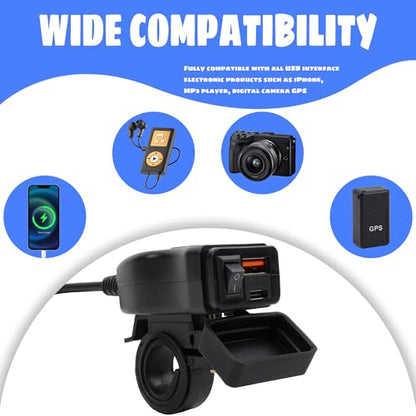Motorcycle USB Charger QC 3.0 Phone Charger Dual USB Type C Voltmeter Switch Compatible with Phone Tablet Black