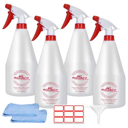 Matthew Cleaning 32 oz Plastic Spray Bottles, Professional Chemical Resistant Heavy Duty Spray Bottles for Chemicals, Cleaner, Bleach, Solvent Safe, Adjustable Nozzle and Measurement, 4 Pack - size: 4 Pack