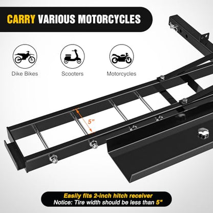 Nilight Motorcycle Hitch Carrier 600LBS, Heavy Duty Dirt Bike Hitch Hauler with 55.11" Longer Ramp, Pin, Tie-Down Strap and Tightener, 2" Receiver, 5" Wide Tire - color: Motorcycle Hitch Carrier Steel 600 LBS