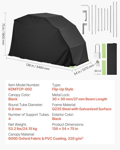 VEVOR Motorcycle Storage Shelter 136 x 54 x 75 in with Security Lock, 600D Oxford Flip-Up Garage Tent, Heavy-Duty All-Weather Motorcycle Cover Shed with 2 Side Windows, Outdoor Vehicle Shelter, Black - size: 136 x 54 x 75 inch