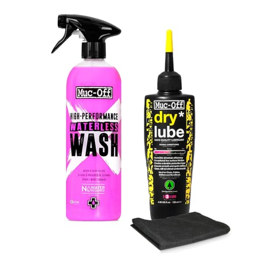 Muc-Off Waterless Wash & Dry Bike Chain Lube Bundle | 750ml High-Performance Bike Cleaner Spray + 120ml Wax-Based Chain Lube | No Rinse Bike Wash + Dry Weather Lubrication - size: 29.42 Fl Oz (Pack of 2)