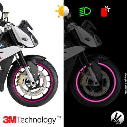 VFLUO - Motorcycle Reflective Wheel Stripes kit, 1 Wheel Rim Stickers Pack, 3M Technology™ - High lateral Visibility, Discreet and Design, Easy Installation