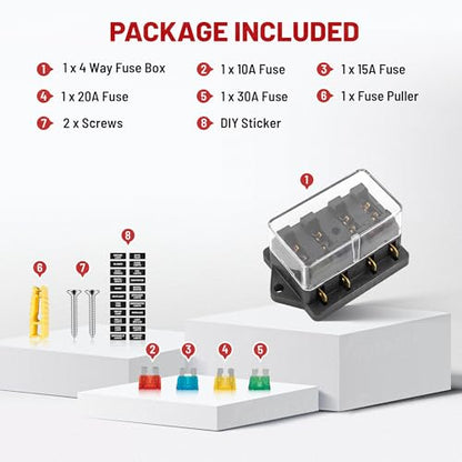 RED WOLF 4 Way Blade Fuse Block Box Holder w/Standard Circuit 10V-32V DC for Automotive Truck Boat Marine RV Van Vehicle Power Distribution Panel Damp-Proof Cover - size: 4 Way