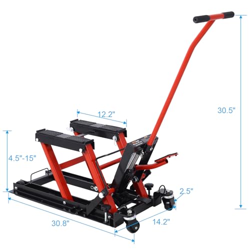 1500 LBS Hydraulic Motorcycle Lift Jack, Red Steel ATV Scissor Lift Table with 4 Swivel Wheels, Foot-Operated Hydraulic Hoist Stand with 2 Tie Down Straps for Garage Repair (Red) - color: Red