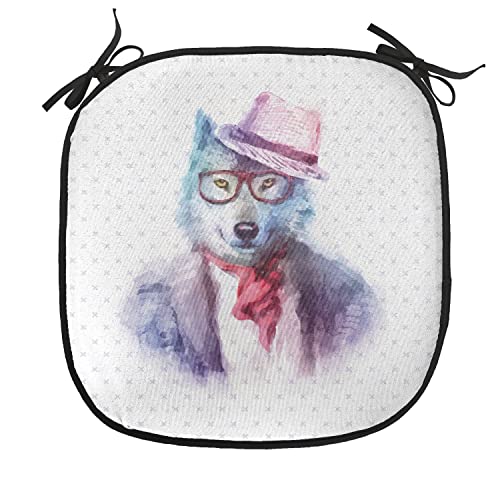 Lunarable Funny Chair Cushion Pad, Hipster Wolf Dog in Sunglasses Pullovers Retro Fashion Watercolor Style Illustration, Seat Padding for Kitchen & Patio with Anti-Slip Backing, 16"x16", Lilac Blue - color: Lilac Blue, size: Pack of 1
