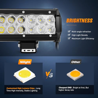 Nilight LED Light Bar with Yellow/Black Covers 2 PCS 12 Inch 72 W Spot Flood Combo Off Road Lights Super Bright Driving Fog Boat Lighting for Trucks Pickup Golf Cart SUV ATV UTV 4x4 Van Camper - color: White+Yellow Black Cover