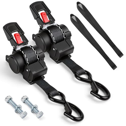 Retractable Ratchet Straps 1" x 9.84ft, 2PK Transom Tie Downs – 1500lbs Break Strength, Heavy Duty Bolt-on Tie Down Straps for Trailer, Boat, Cargo, Motorcycles, Jet Ski, ATV (Black)