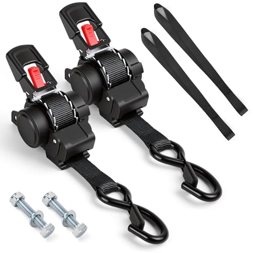 Retractable Ratchet Straps 1" x 9.84ft, 2PK Transom Tie Downs – 1500lbs Break Strength, Heavy Duty Bolt-on Tie Down Straps for Trailer, Boat, Cargo, Motorcycles, Jet Ski, ATV (Black)