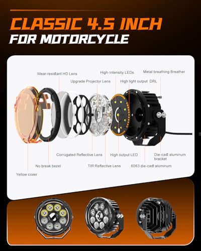 CO LIGHT 4.5 Inch Motorcycle Fog Lights 120W White/Yellow Auxiliary Lights with Hilo Beam Amber DRL LED Pod Lights with Amber Cover and Wiring Harness for Motorcycle ATV UTV Night Riding ADV Touring - color: D040